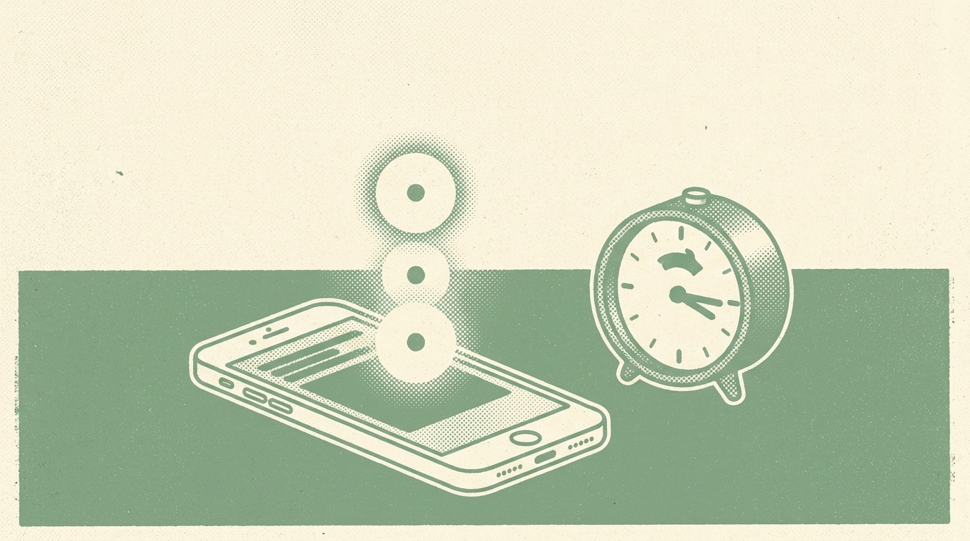 Duotone halftone illustration of a smartphone with notification dots rising from it next to an alarm clock
