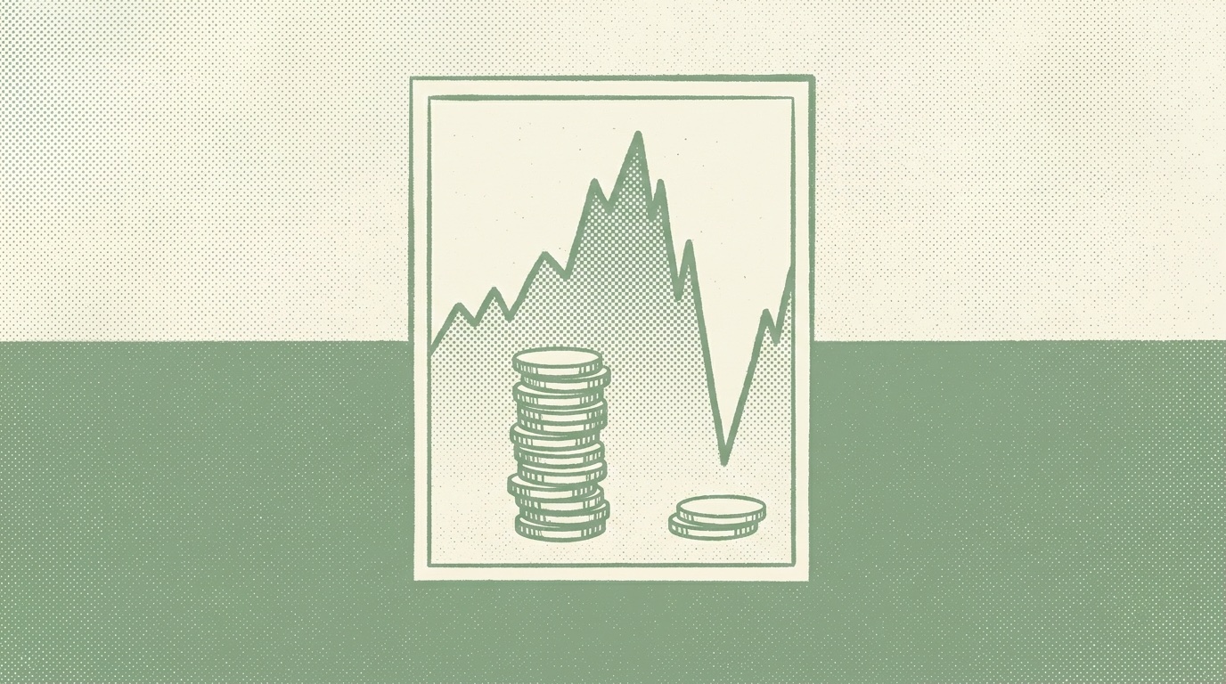 Duotone halftone illustration of a framed line chart peaking then crashing into a valley, with a tall coin stack beside a tiny one