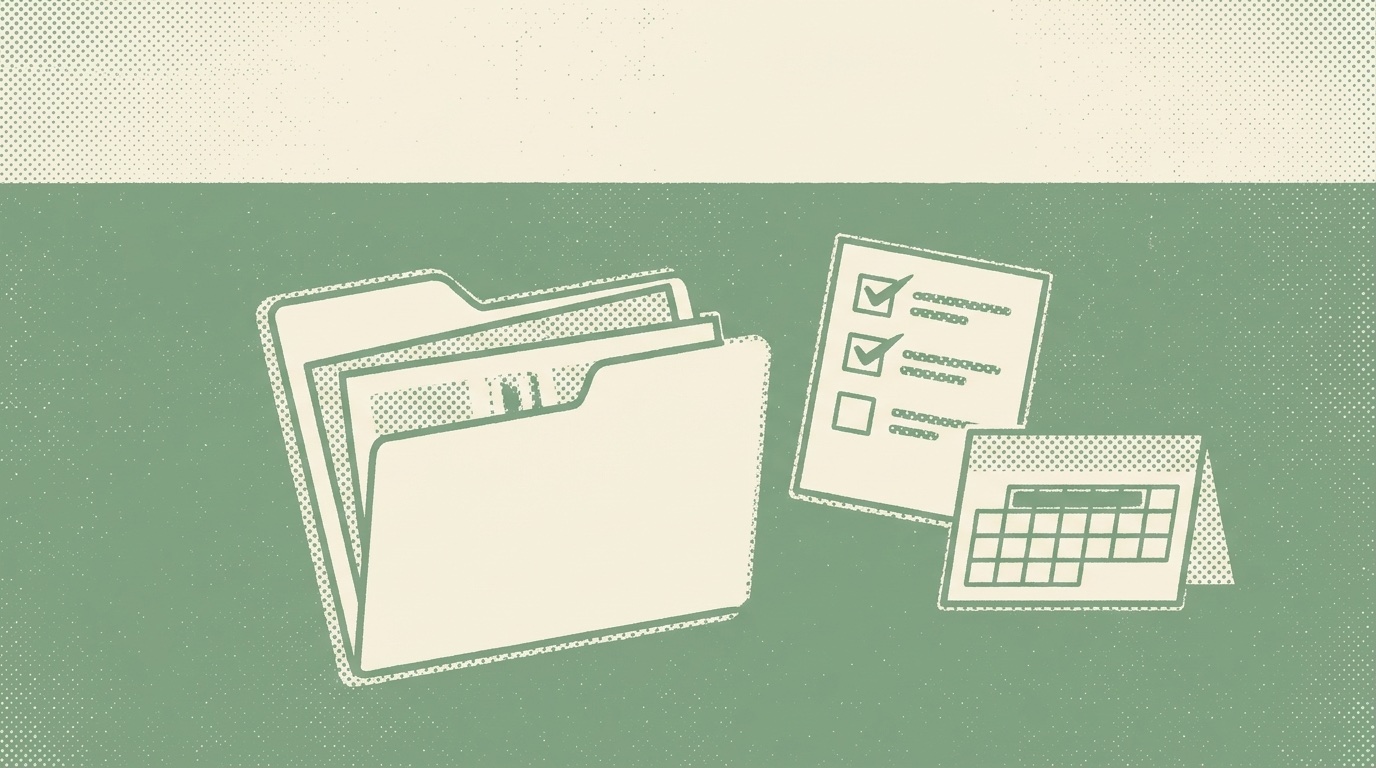 Duotone halftone illustration of an open folder beside a checklist with ticked items and a small desk calendar