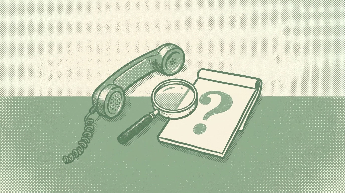 Duotone halftone illustration of a telephone handset and a magnifying glass over a notepad marked with a question mark