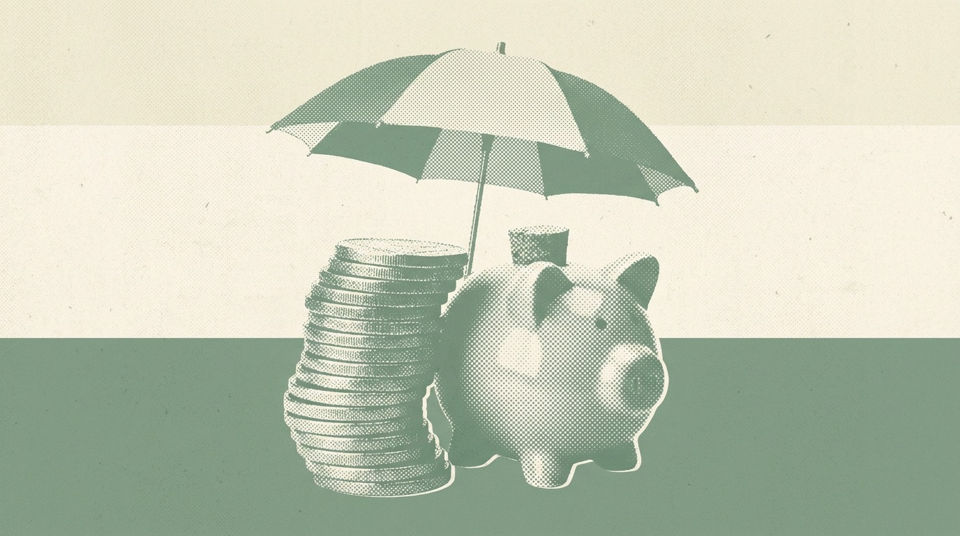 Duotone halftone illustration of a piggy bank and a tall stack of coins sheltered under an open umbrella
