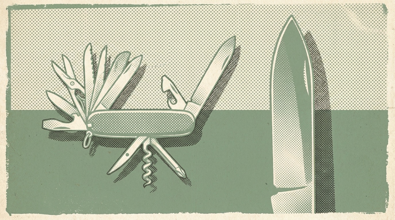 Duotone halftone illustration of a fanned-out Swiss Army multi-tool beside a single sharpened blade