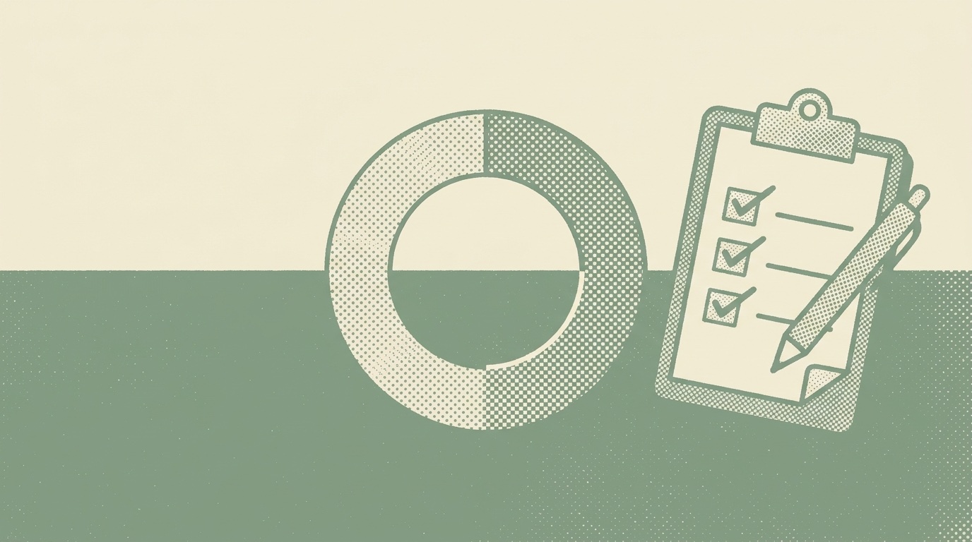 Duotone halftone illustration of a circular progress ring filled to the halfway point beside a clipboard checklist and pen