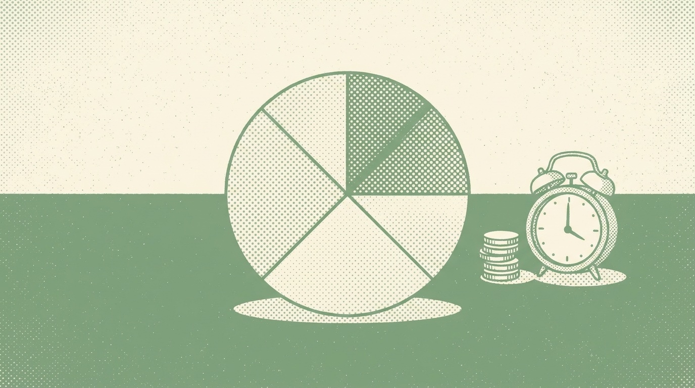 Duotone halftone illustration of a circle split into quarter segments with one shaded, beside a stack of coins and an alarm clock
