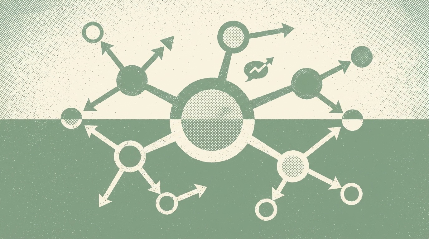 Duotone halftone illustration of a central node branching outward with arrows to many smaller nodes, like referrals spreading