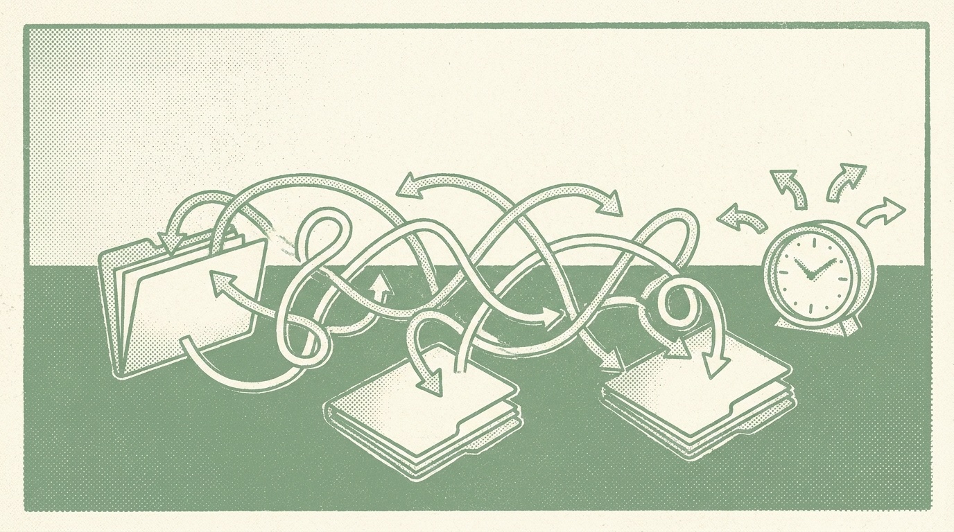 Duotone halftone illustration of three project folders linked by tangled crisscrossing arrows beside a clock