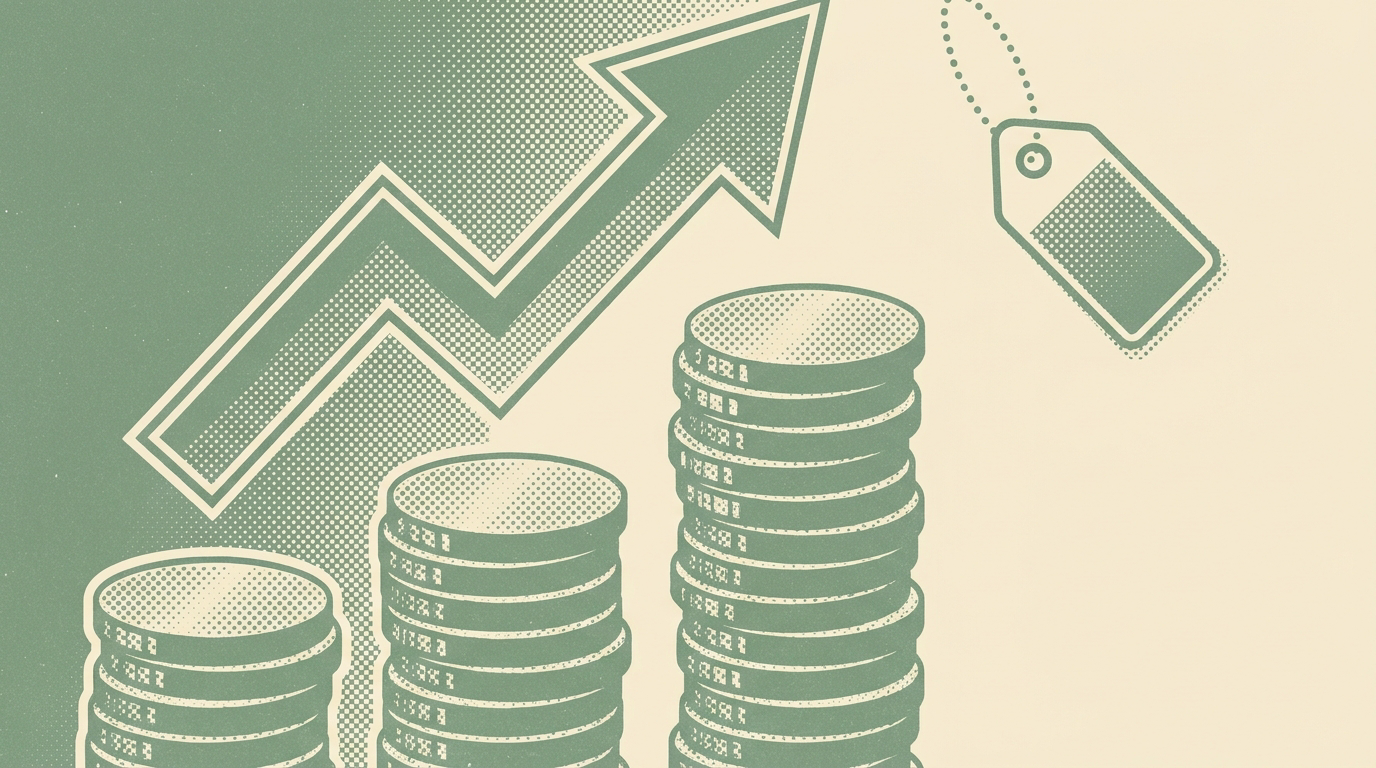 Duotone halftone illustration of ascending coin stacks forming a rising chart with an upward arrow and a price tag