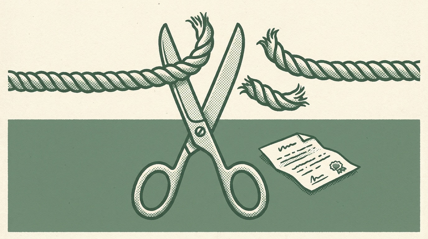 Duotone halftone illustration of scissors cutting a rope in two beside a signed contract