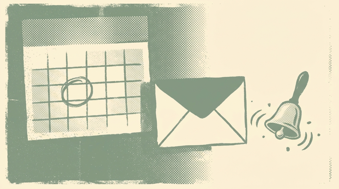 Duotone halftone illustration of a wall calendar with a circled date, an envelope, and a ringing reminder bell