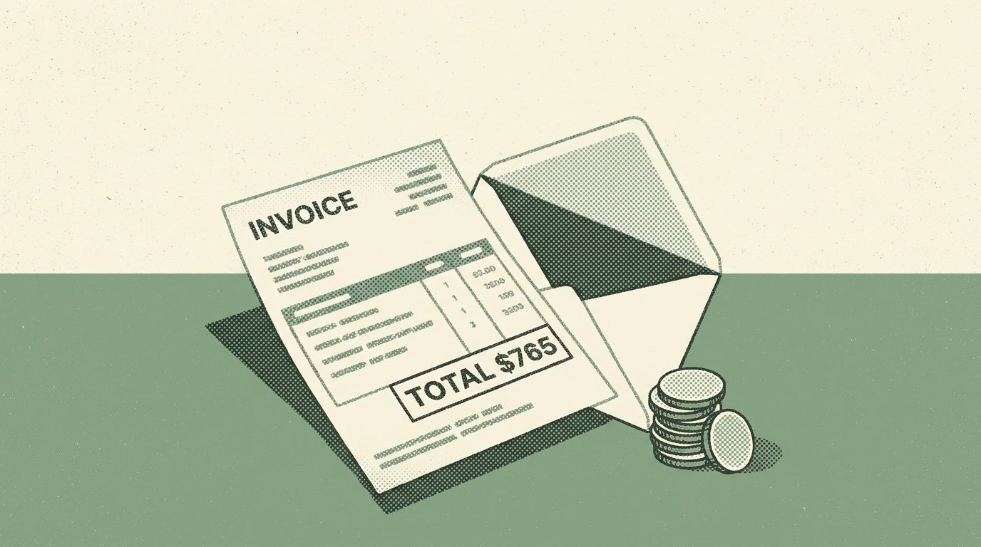 Duotone halftone illustration of an itemized invoice showing a total, an open envelope, and a stack of coins on a desk