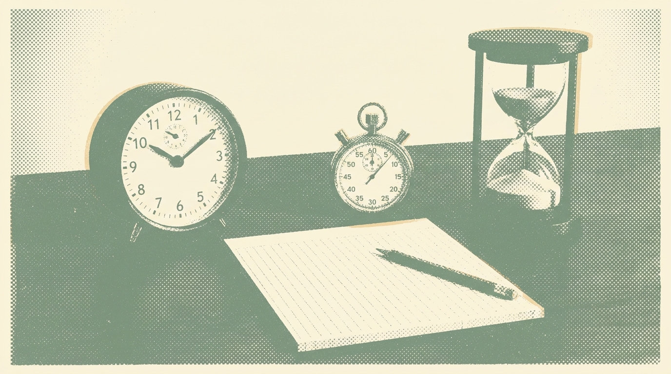 Duotone halftone illustration of a clock, a stopwatch, an hourglass, and a notepad on a desk