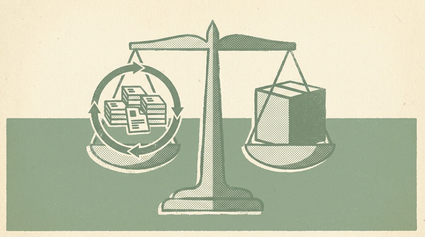 Duotone halftone illustration of a balance scale weighing a recurring stack of bills against a single boxed package