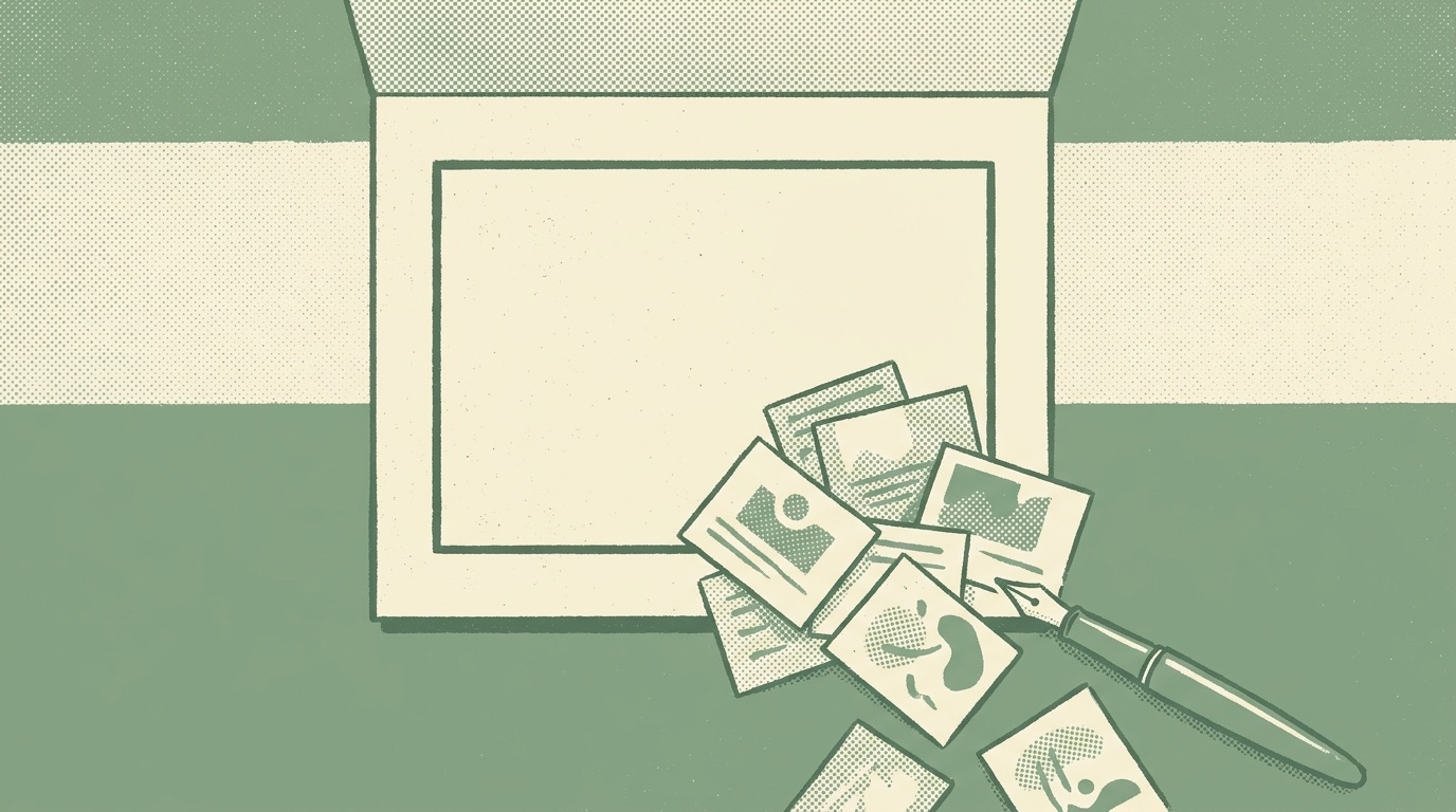 Duotone halftone illustration of a project brief with a bordered scope box and extra task cards spilling past its edge, with a fountain pen