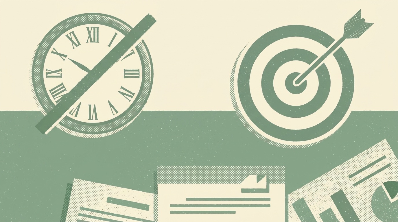 Duotone halftone illustration of a crossed-out clock beside a target with an arrow in the bullseye