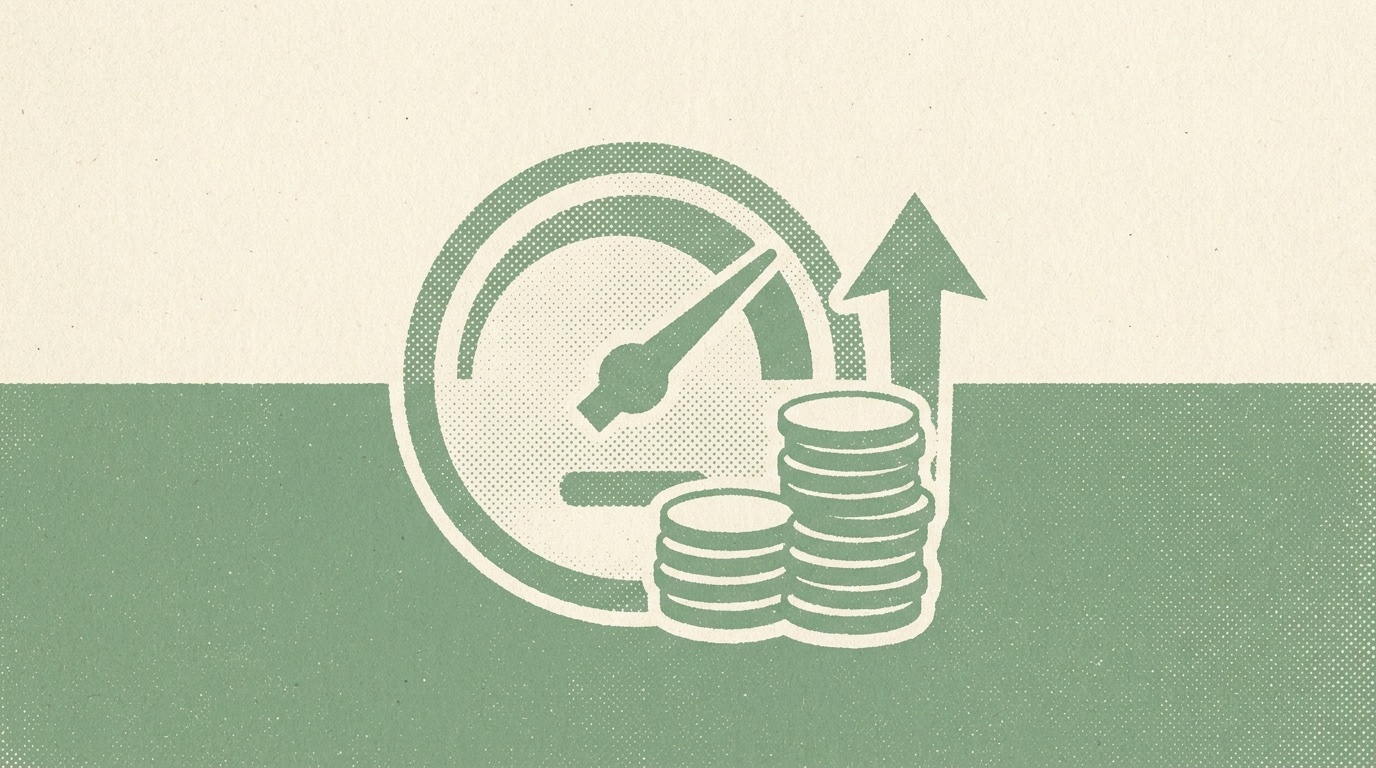Duotone halftone illustration of a gauge dial with its needle sweeping up, beside a rising stack of coins and an upward arrow